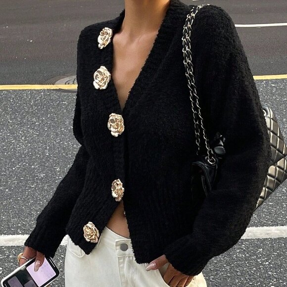 Black Casual Women's V-Neck Rose Button-Up knit sweater Cardigan - Picture 1 of 7
